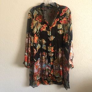 Citron Santa Monica Asian Inspired Long Tunic Blouse Size 0 Oversized